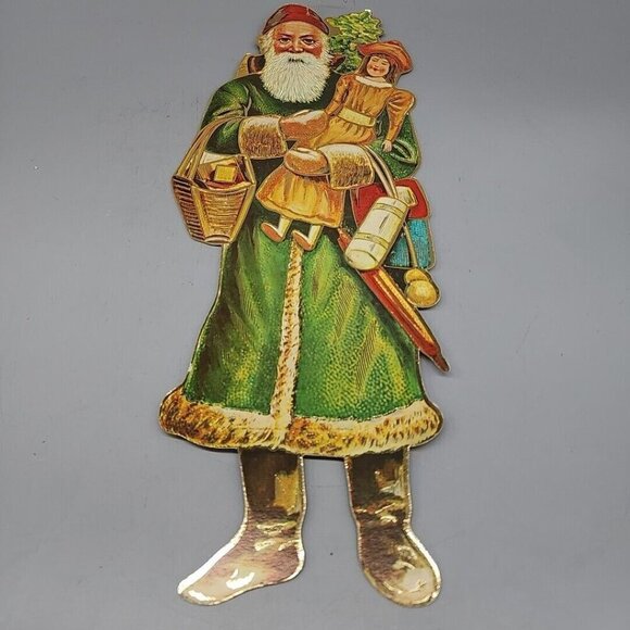 Victorian SANTA 15" CHRISTMAS ORNAMENT Cardboard Green Suit Pristine Gold Edge - Picture 1 of 5